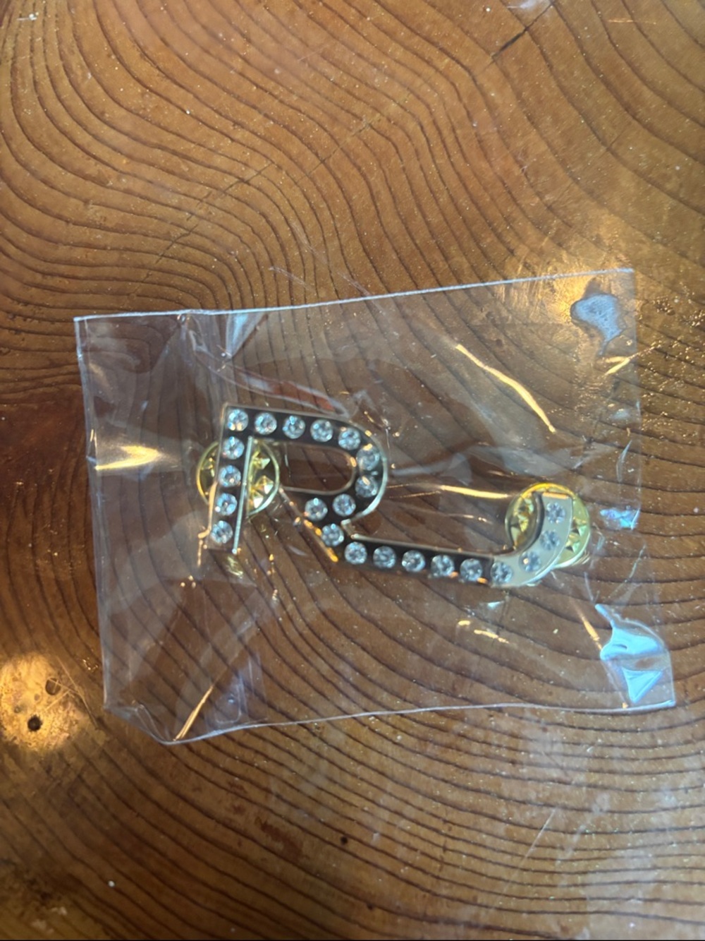 R Rhinestone Pin Brooch - Gold Tone with Clear Crystals